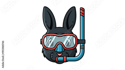 Fun cartoon mascot illustration of a black rabbit's head wearing a red scuba mask and snorkel for a summer vacation concept.