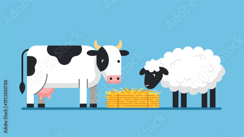 Friendly farm animals featuring a black and white cow and a fluffy sheep grazing on a bale of hay against a blue sky.