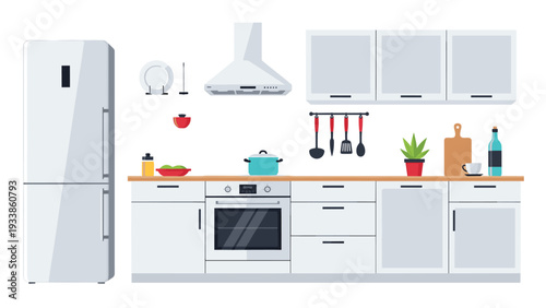 Clean and modern kitchen interior layout with white cabinets, large refrigerator, wall-mounted oven, and cooking equipment.