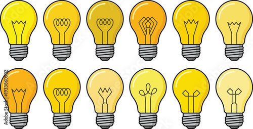 Collection of yellow and orange cartoon light bulbs on white background symbolizing ideas and innovation