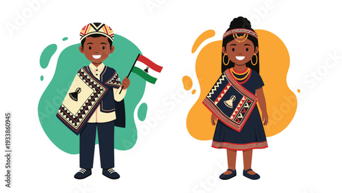 Cute cartoon illustration of a boy and girl from Tajikistan wearing beautiful traditional national clothing and holding the Tajik flag.