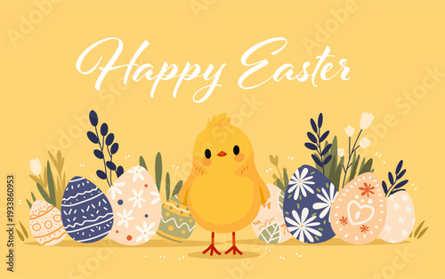 Easter chick with decorated eggs spring flowers pastel yellow background festive holiday greeting card