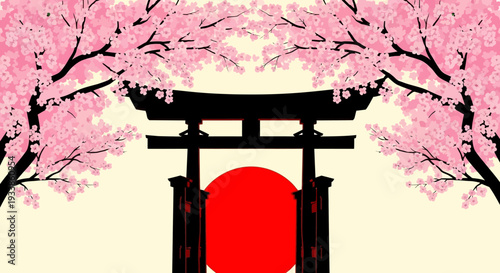 Japan Torii Gate Cherry Blossoms Sun Symbol Traditional Culture
