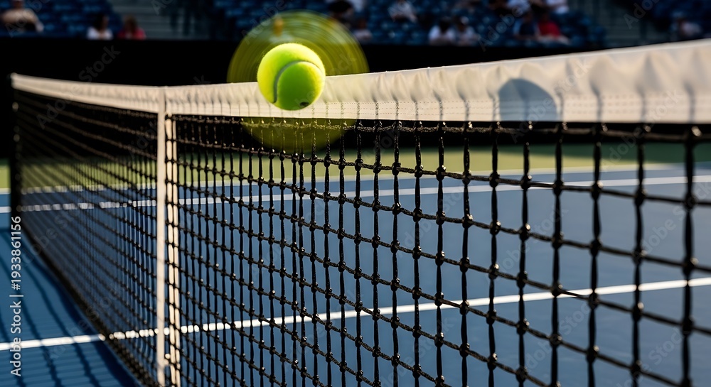 Obraz premium Tennis Ball Flying Over Net on Court During Game.