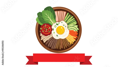 Top-down view of a colorful bowl of Korean bibimbap with assorted vegetables, meat, a fried egg, and a red ribbon banner below.