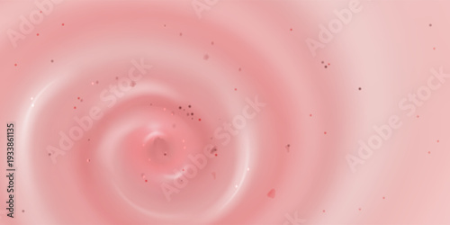 Creamy strawberry yogurt swirl with small particles, realistic vector background. Top view of pink wave pattern, smooth cosmetic texture. Delicious fruity ice cream, dessert or beauty product design