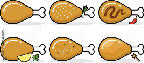 Variety of seasoned chicken drumsticks with herbs and spices isolated on white background food illustration