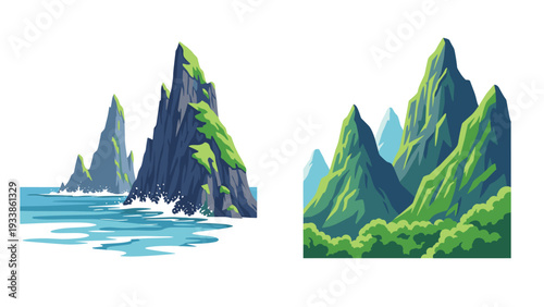 Pixel art style vector illustrations of majestic green mountain peaks, one set by the sea and the other in a lush forest.