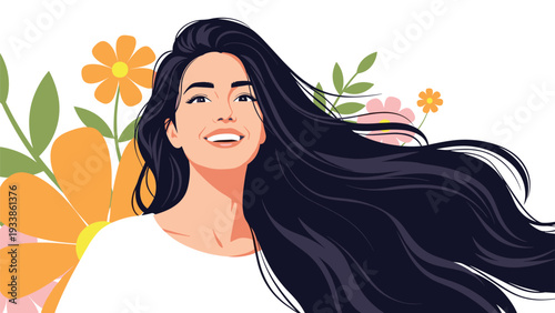 Joyful illustration of a beautiful smiling woman with long, flowing dark hair, surrounded by colorful flowers, embodying happiness and nature.