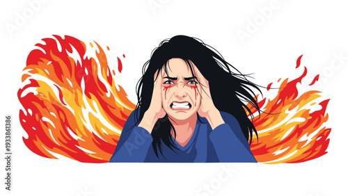 Intense illustration of a stressed and angry woman with her head in her hands, engulfed in flames representing rage or burnout.