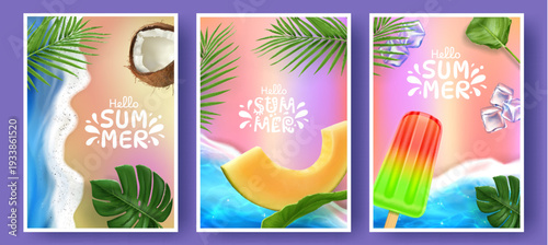 Summer poster design with tropical sea beach, melon slice, and green palm leaves. Vector backgrounds with sunny vacation vibes. Holiday banners or travel cards with rainbow popsicle, seasonal template