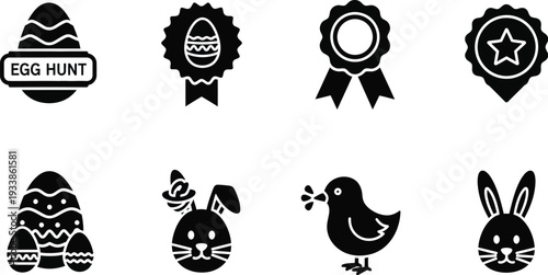 Simple black and white easter icons collection with eggs and bunnies designs