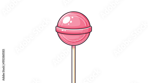 Simple and glossy pink spherical lollipop on a stick, created in a clean, modern cartoon style and isolated on white background.