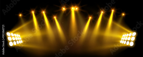 Bright stadium lights on dark night sky background with stars, realistic vector bg. Illumination for sports arena with powerful yellow beams, dramatic atmosphere banner for football games