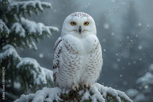 A snowy owl perches on a snow-covered branch in a frozen forest. Snowflakes fall around as the owl watches its surroundings. The scene captures the quiet of winter in the Arctic environment.
