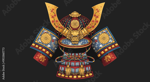 Samurai Helmet Dragon Emblem Gold Red Blue Black Background