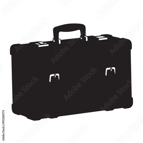 Classic black travel suitcase silhouette with handle and latches, designed for travel storage and portability.
