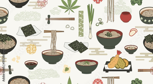 Japanese Food Pattern: Noodles, Sushi, Tempura, and Green Tea