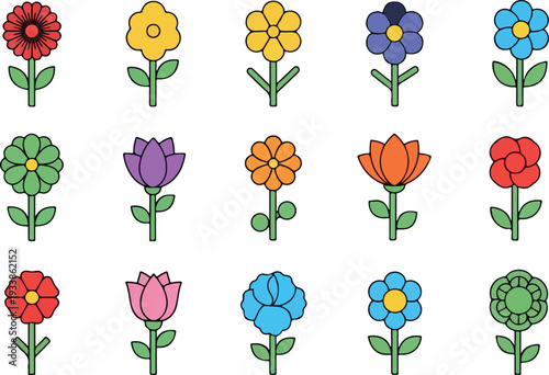 Collection of diverse colorful flowers in various stages of bloom arranged in a grid pattern on a plain background from a straightforward viewpoint