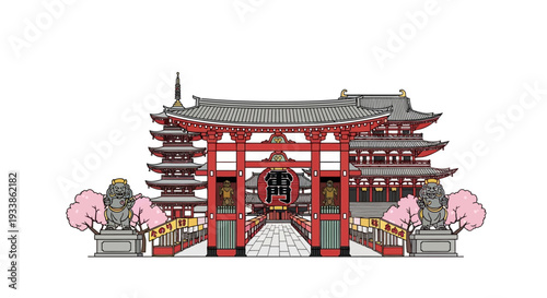 Japanese Temple Gate and Pagoda with Cherry Blossoms