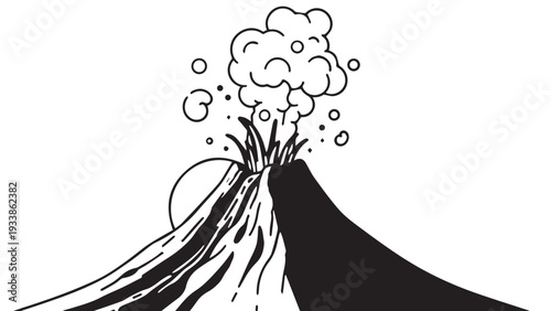 A Stark Monochrome Illustration of a Powerful Volcanic Eruption with Smoke and Lava.