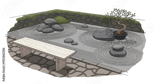 Zen Garden with Raked Sand, Rocks, and Bonsai Tree