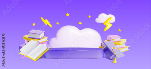 3D back to school podium with stack of books, graduation cap, cloud and stars, vector background. Cute glossy plastic style platform for educational product display, student ceremony