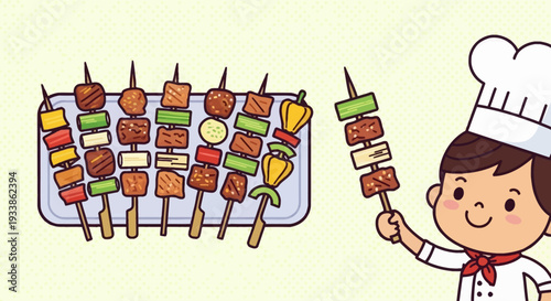 Chef holding skewers of grilled food, cartoon style