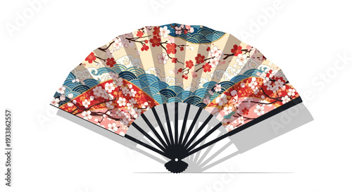 Japanese Fan with Cherry Blossoms and Waves