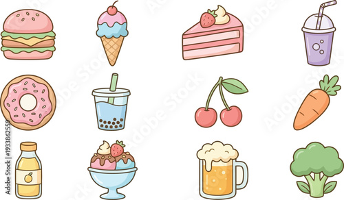 Colorful illustration of various food and drink items on white background