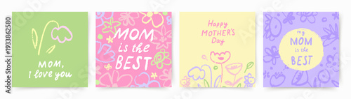 Happy Mother's Day greeting card set. A cute background with abstract flowers drawn with crayons. Vector illustration for card, poster, banner, invitation, social media post, mobile apps, advertising	