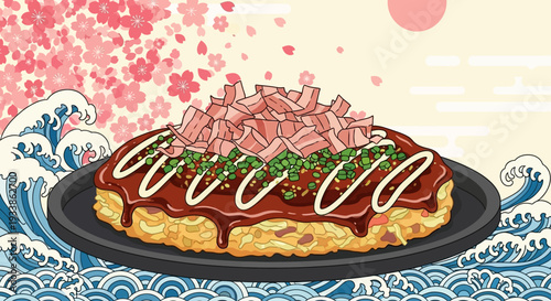 Okonomiyaki Japanese Food Illustration with Cherry Blossoms and Waves