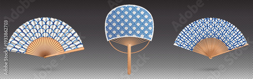 Japanese fan with traditional ornate paper design, realistic vector illustrations isolated on transparent. Asian handheld accessory with wooden bamboo handle and decorative oriental seigaiha patterns