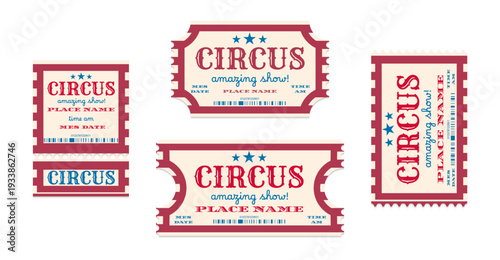 Vintage circus tickets with red blue striped frames, cartoon vector set isolated on white background. Retro carnival invitation design, decorative borders with barcode for shows, festivals, events