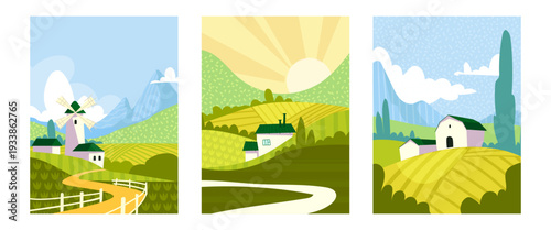 Spring mountain countryside landscapes, abstract vector posters. Rolling green hills or fields, windmill and barn under blue sky. Summer cards design with trees, sunrise and geometric pattern