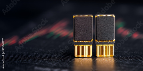 Wallpaper Mural Two unbranded RAM flash drives on a dark matte black surface against a background of printed financial charts showing sharp increases in gold, silver, and rare earth metal prices Torontodigital.ca