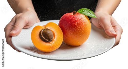 Hands holding a sliced apricot and a whole peach on a plate