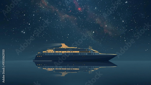 Vector illustration of a majestic cruise ship gliding silently across calm, dark waters under a starlit night sky
