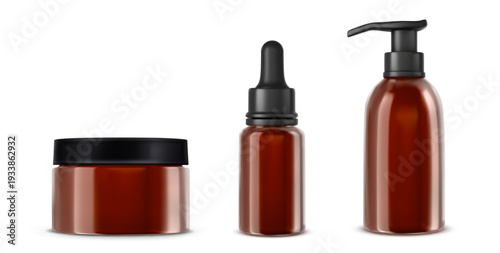 Realistic cosmetic bottles mockup with pump dispenser, vector set isolated on white background. Brown serum container with dropper and cream jar with black cap, skincare product packaging design.