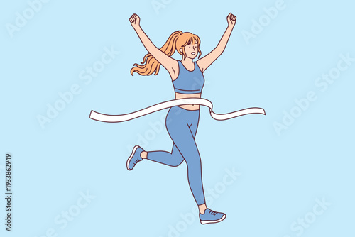 Athlete crossing finish line for March 8 celebration of female achievement and International Women's Day sports victory and breaking gender barriers