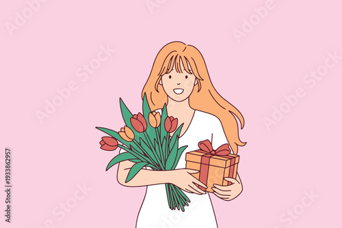 Festive March 8 gift giving with happy woman holding red tulips and presents for International Women's Day celebration and spring holiday marketing promotion