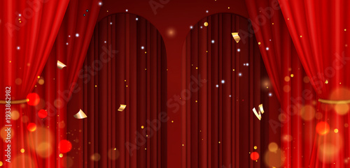 Red arch gateway with velvet curtain and golden confetti, realistic 3D vector background. Chinese New Year celebrations, theatrical stage designs with arc door, and elegant abstract backdrop.