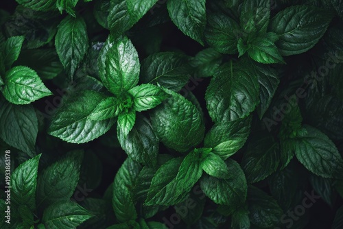 Close-up of lush, vibrant green leaves with various shapes. Dark, moody, natural tones