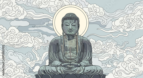 Serene Buddha Statue Meditating Amidst Wispy Clouds