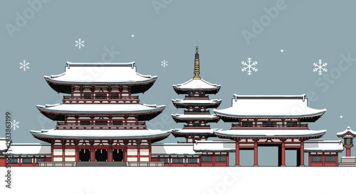 Snowy Japanese Temple Architecture