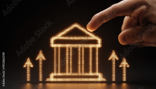 A hand interacts with an illuminated digital illustration of a classical building with rising arrows