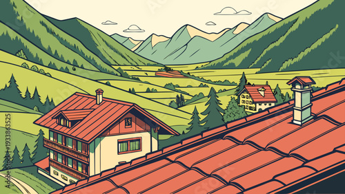 Mountain valley scene with houses and rolling hills and trees in daytime
