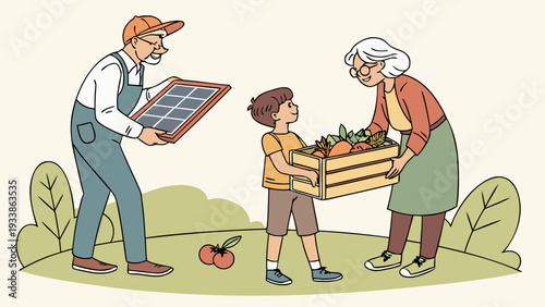 Family members exchanging and holding garden produce and a solar panel people