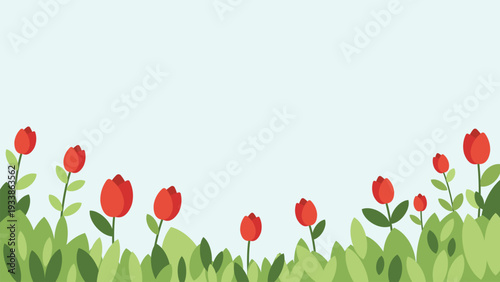 red tulip flowers blooming in a green spring meadow illustration
