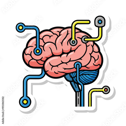 A graphic illustration of a human brain with wires and circuits connected to it, showcasing the fusion of technology and neuroscience from a frontal viewpoint.